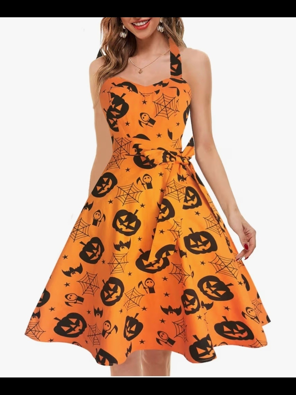 Halloween Pumpkin Print Orange Halter Swing Dress